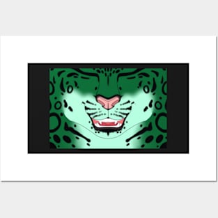 Green Snow Leopard Face Posters and Art